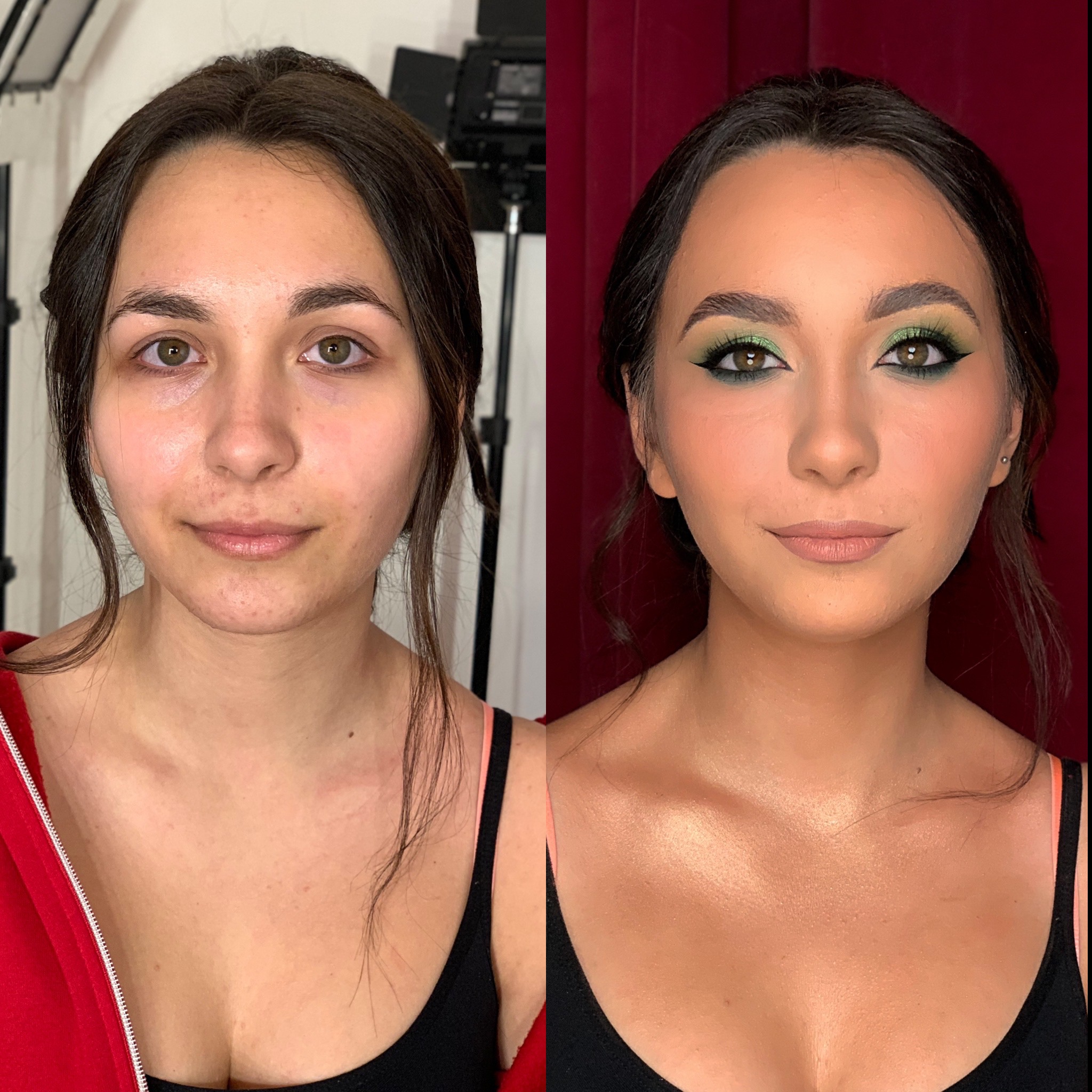 Portret kobiety przed i po nałożeniu makijażu, z zielonym cieniem do powiek i czarnym eyelinerem, widoczne różnice w cerze i konturowaniu twarzy.