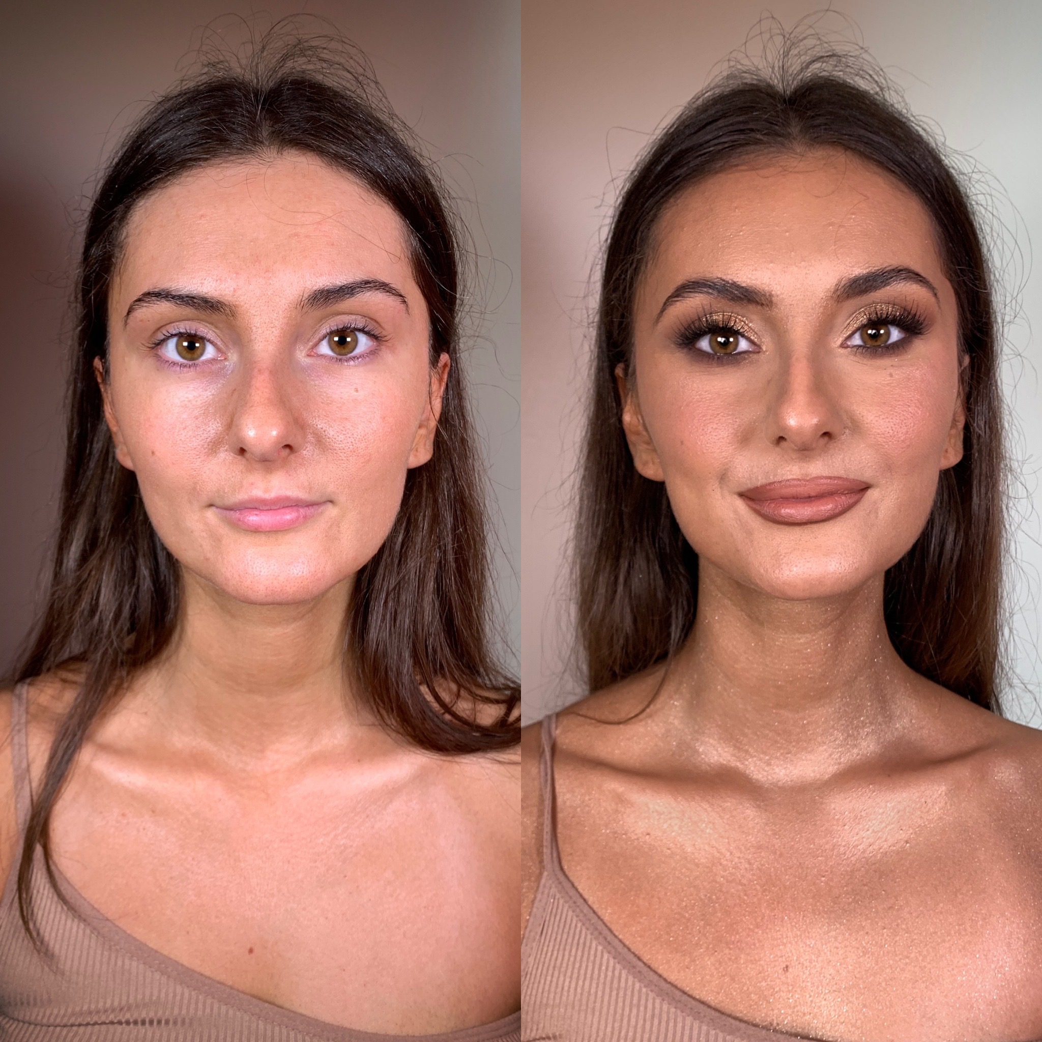 Portret kobiety przed i po wykonaniu makijażu. Po lewej stronie twarz bez makijażu, po prawej z pełnym makijażem, obejmującym cienie do powiek, tusz do rzęs, konturowanie i pomadkę w odcieniu nude.