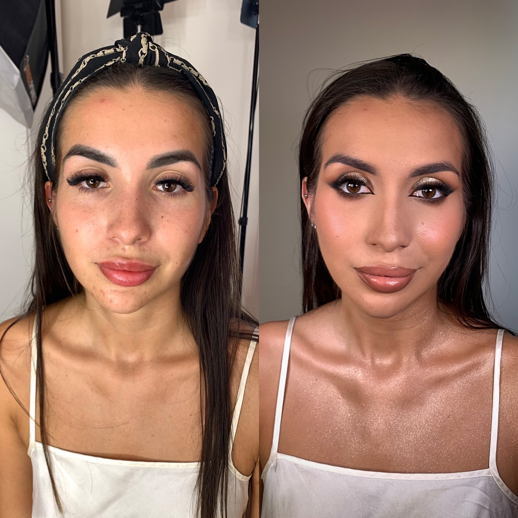 Portret kobiety przed i po aplikacji pełnego, błyszczącego makijażu z mocno podkreślonymi oczami i ustami, widoczne oświetlenie studyjne.