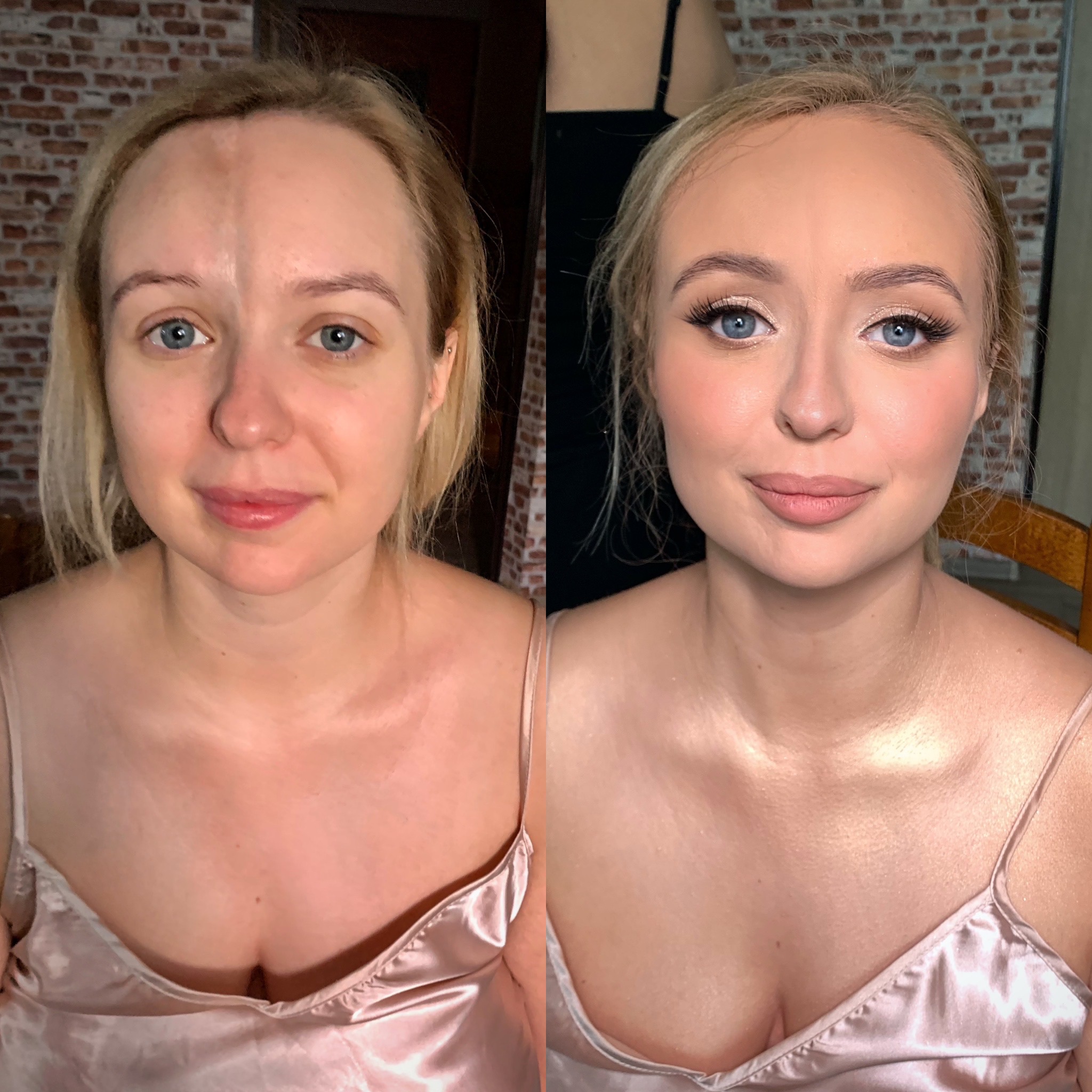 Portret kobiety przed i po delikatnym makijażu, z uwzględnieniem podkreślonych oczu i ust, na tle ceglanej ściany.