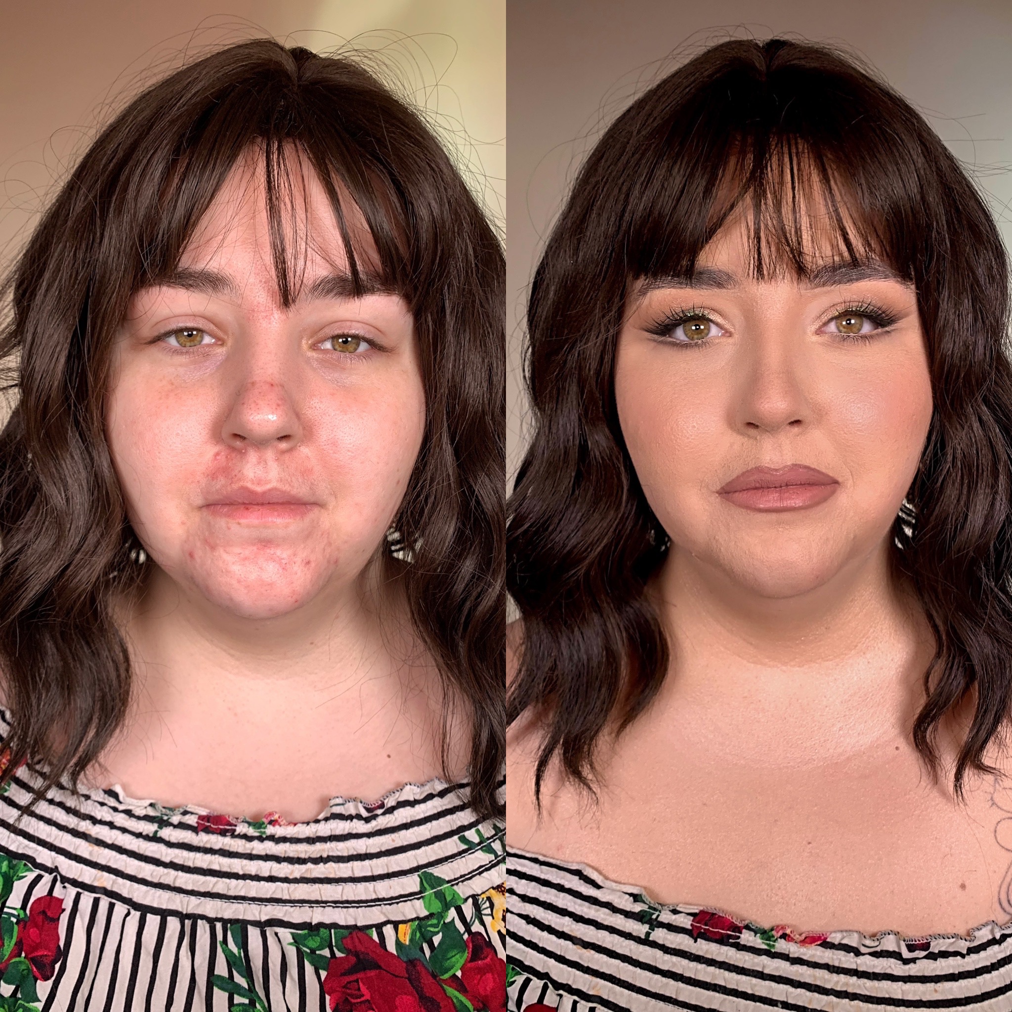 Portret kobiety przed i po nałożeniu makijażu, uwydatniającego rysy twarzy i korygującego niedoskonałości cery, widoczne delikatne cieniowanie powiek i podkreślone rzęsy.