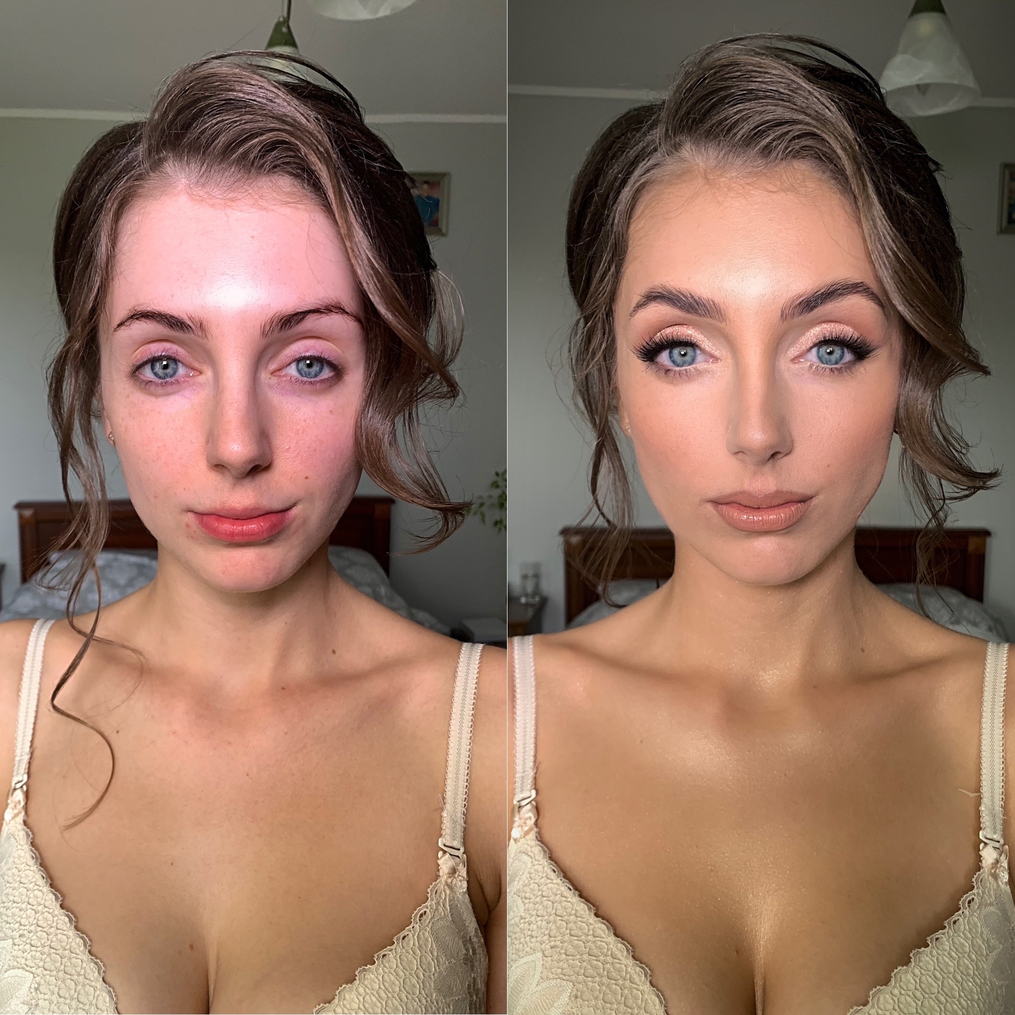 Porównanie przed i po makijażu: naturalna cera po lewej, promienny makijaż z podkreślonymi oczami i ustami po prawej, włosy upięte w fale.