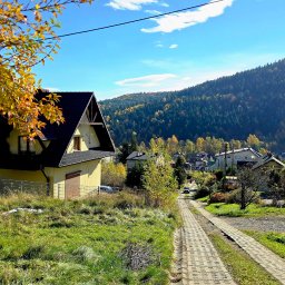 Agnieszka Pezda Nieruchomości - Żółty dom z czarnym dachem w jesiennej scenerii górskiej. Ujęcie z dołu, widoczna droga i zieleń. Słoneczny dzień, błękitne niebo.