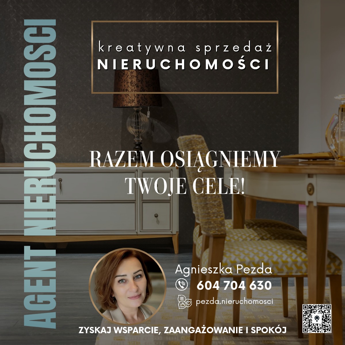 Kreatywna sprzedaż nieruchomości: eleganckie wnętrze z komodą, stołem i krzesłami. Portret agentki Agnieszki Pezdy i dane kontaktowe. Zyskaj wsparcie!