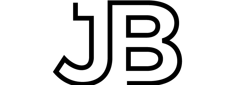 Stylizowane, czarno-białe logo przedstawiające litery 'JB' połączone w unikalny sposób, z grubymi liniami tworzącymi litery.