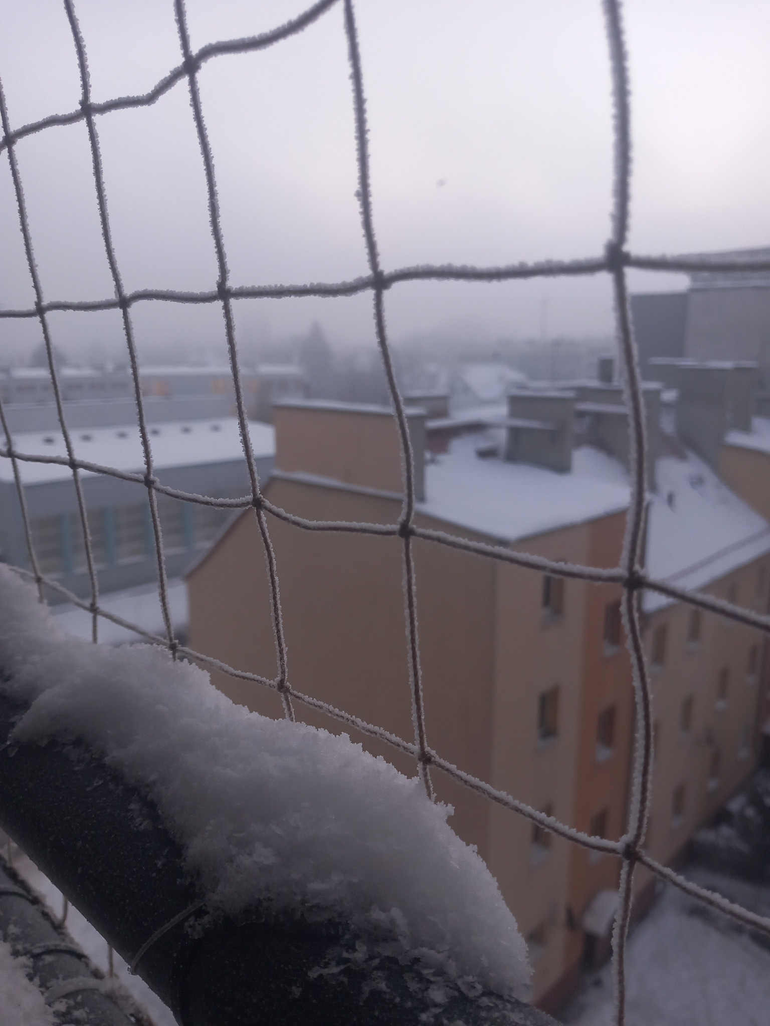 Osadzona szronem siatka zabezpieczająca balkon w zimowej scenerii, z widokiem na zasypane śniegiem budynki w tle.