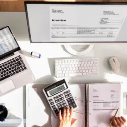 Biurko z laptopem, monitorem prezentującym fakturę, kalkulatorem w użyciu, dokumentami i akcesoriami biurowymi w jasnym, nowoczesnym stylu.