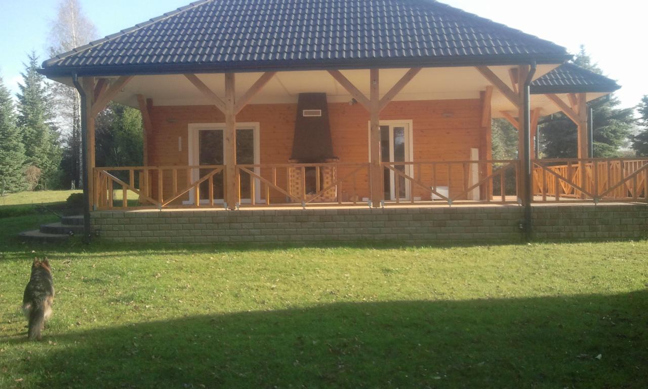 Drewniany dom z bali z zadaszonym tarasem i kamiennym fundamentem, pies na trawniku. Widok na elewację z kominkiem i dwoma wejściami.
