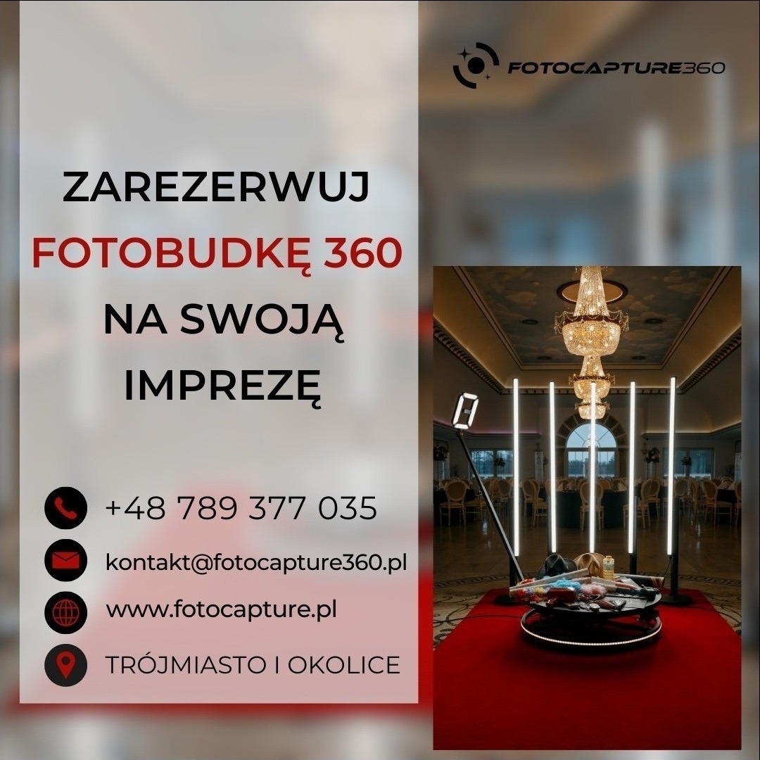 Reklama fotobudki 360 z oświetleniem LED na czerwonym dywanie w eleganckim wnętrzu sali balowej z żyrandolem
