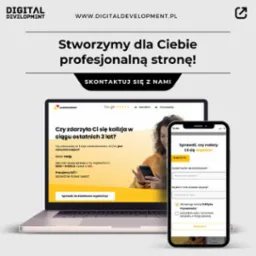 Laptop i smartfon wyświetlające formularz kontaktowy strony internetowej z pytaniem o kolizję w ciągu ostatnich 3 lat i możliwością uzyskania dopłaty, na jasnym tle.