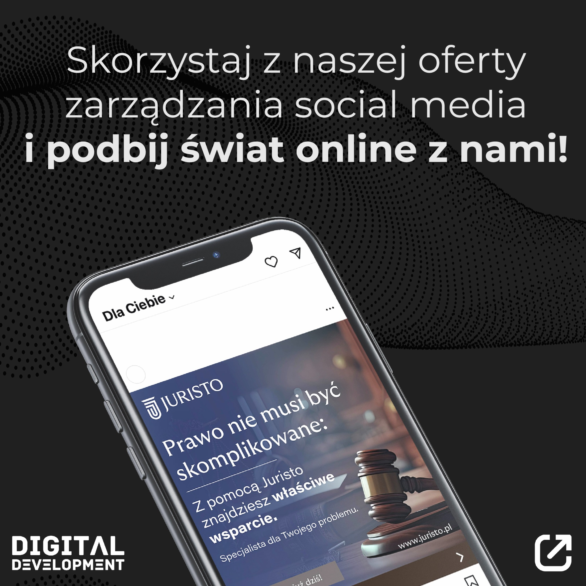 Smartfon wyświetlający reklamę firmy prawniczej Juristo, z tekstem 'Prawo nie musi być skomplikowane' i wizerunkiem sędziego, na tle czarnego tła z napisem 'Skorzystaj z naszej oferty zarządzania...