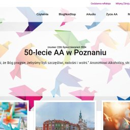 9 - Strona internetowa z motywem origami ptaków, informująca o 50-leciu AA w Poznaniu, z menu nawigacyjnym u góry i miniaturami zdjęć na dole.
