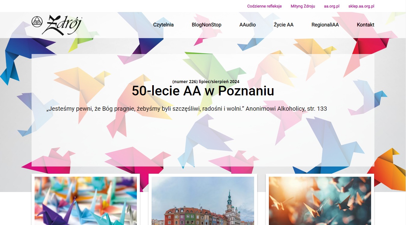 Strona internetowa z motywem origami ptaków, informująca o 50-leciu AA w Poznaniu, z menu nawigacyjnym u góry i miniaturami zdjęć na dole.
