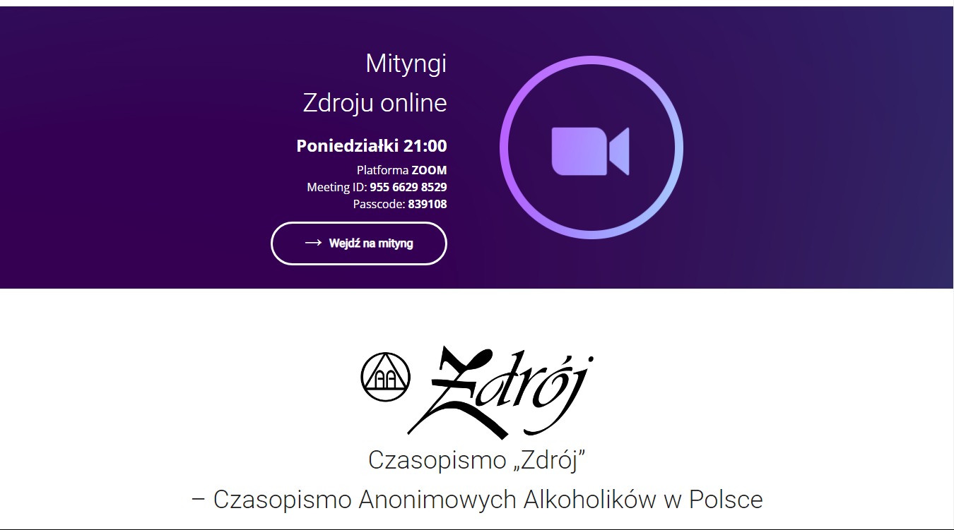 Plakat informujący o spotkaniu online grupy wsparcia 'Zdrój' na platformie Zoom, zawierający logo i dane dostępowe.