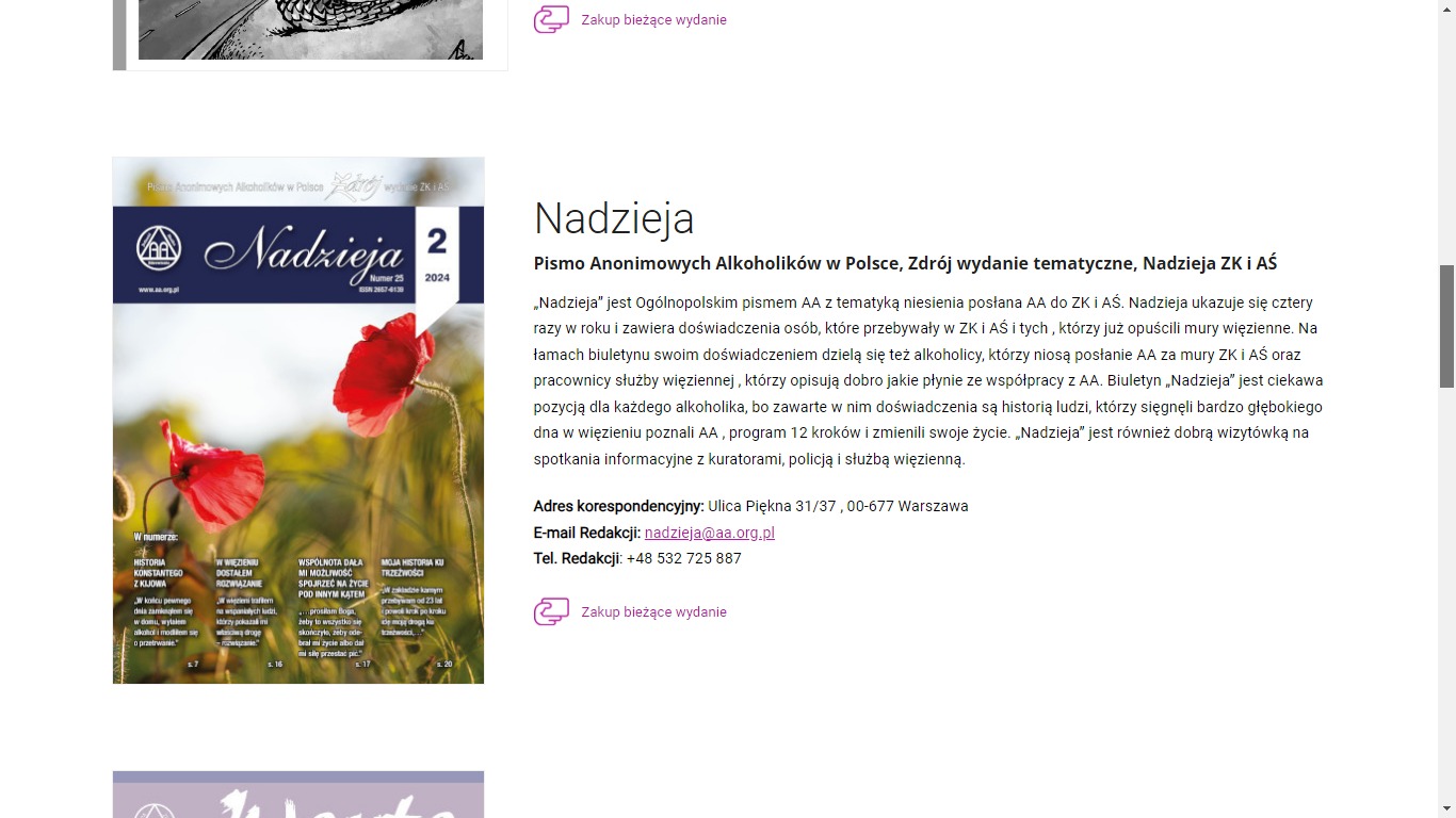 Okładka pisma 'Nadzieja' Anonimowych Alkoholików w Polsce, numer 25 z 2024 roku, przedstawiająca dwa czerwone maki na rozmytym tle.