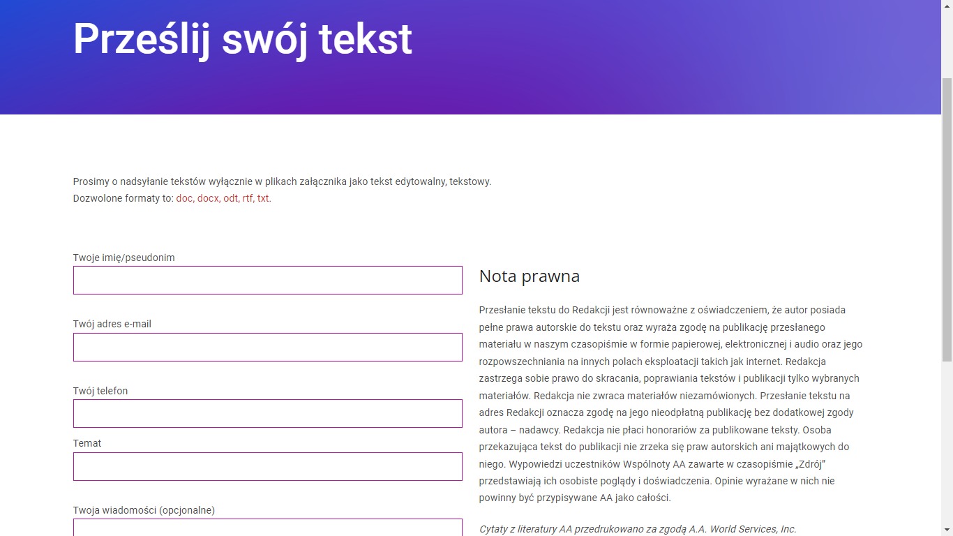 Formularz kontaktowy z polami do wpisania imienia, adresu e-mail, telefonu, tematu i wiadomości, z informacją o akceptowanych formatach plików i notą prawną dotyczącą publikacji tekstu.