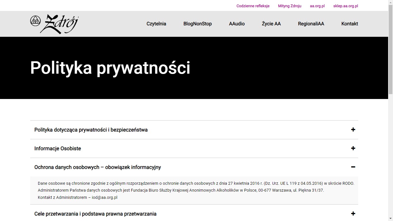 Zrzut ekranu strony internetowej z nagłówkiem 'Polityka prywatności', menu nawigacyjne u góry, rozwijane sekcje dotyczące polityki prywatności i ochrony danych osobowych.