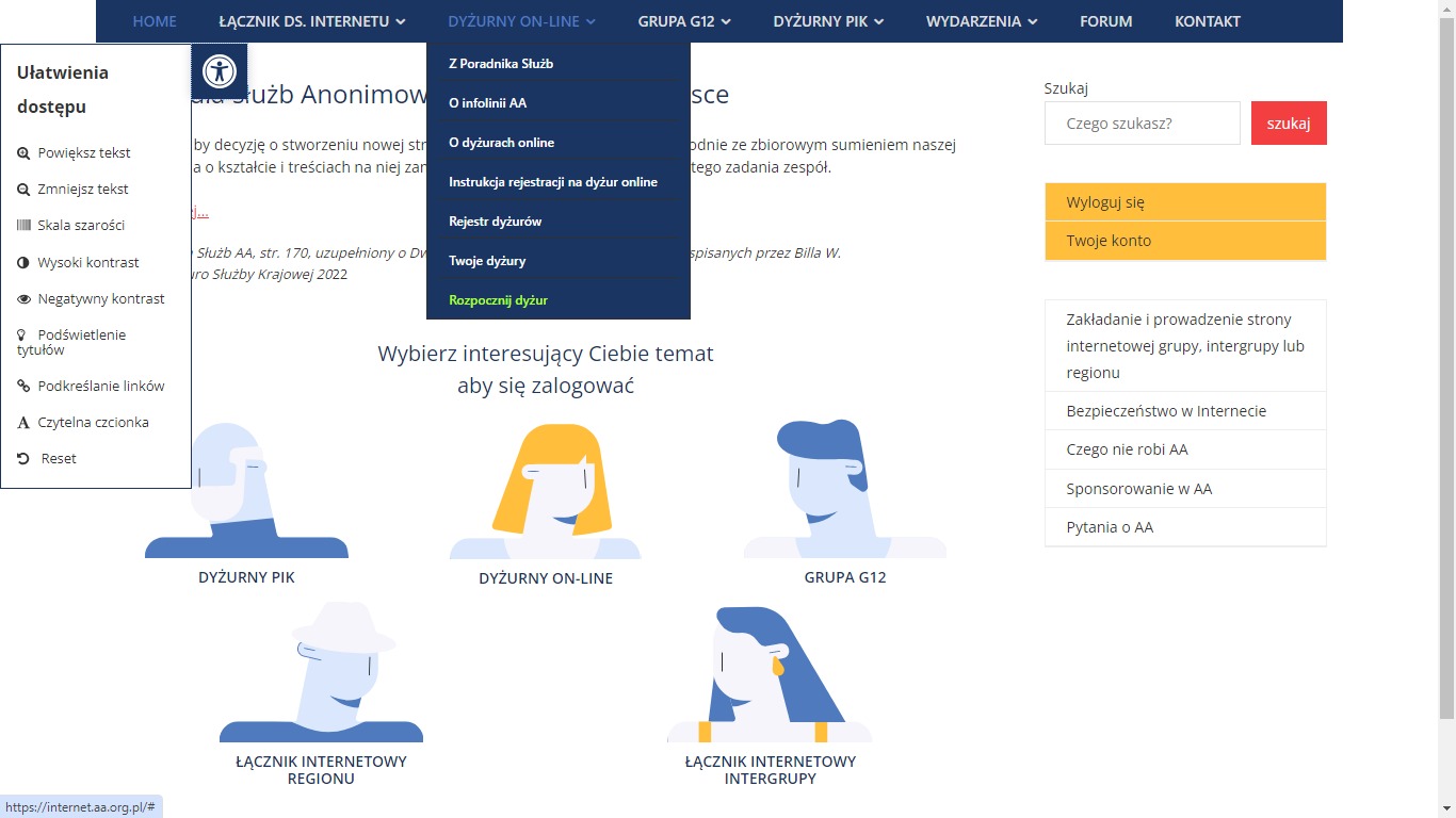 Zrzut ekranu strony internetowej z menu 'Ułatwienia dostępu' rozwiniętym, obok sekcja z ikonami i podpisami odnoszącymi się do dyżurów i grup internetowych.