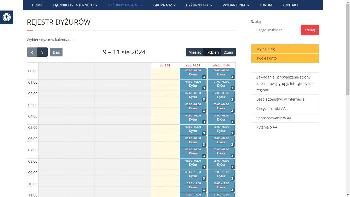 Zrzut ekranu strony internetowej z rejestrem dyżurów, widok kalendarza z podziałem na godziny i dni tygodnia, opcja wyboru daty i wyszukiwarka.