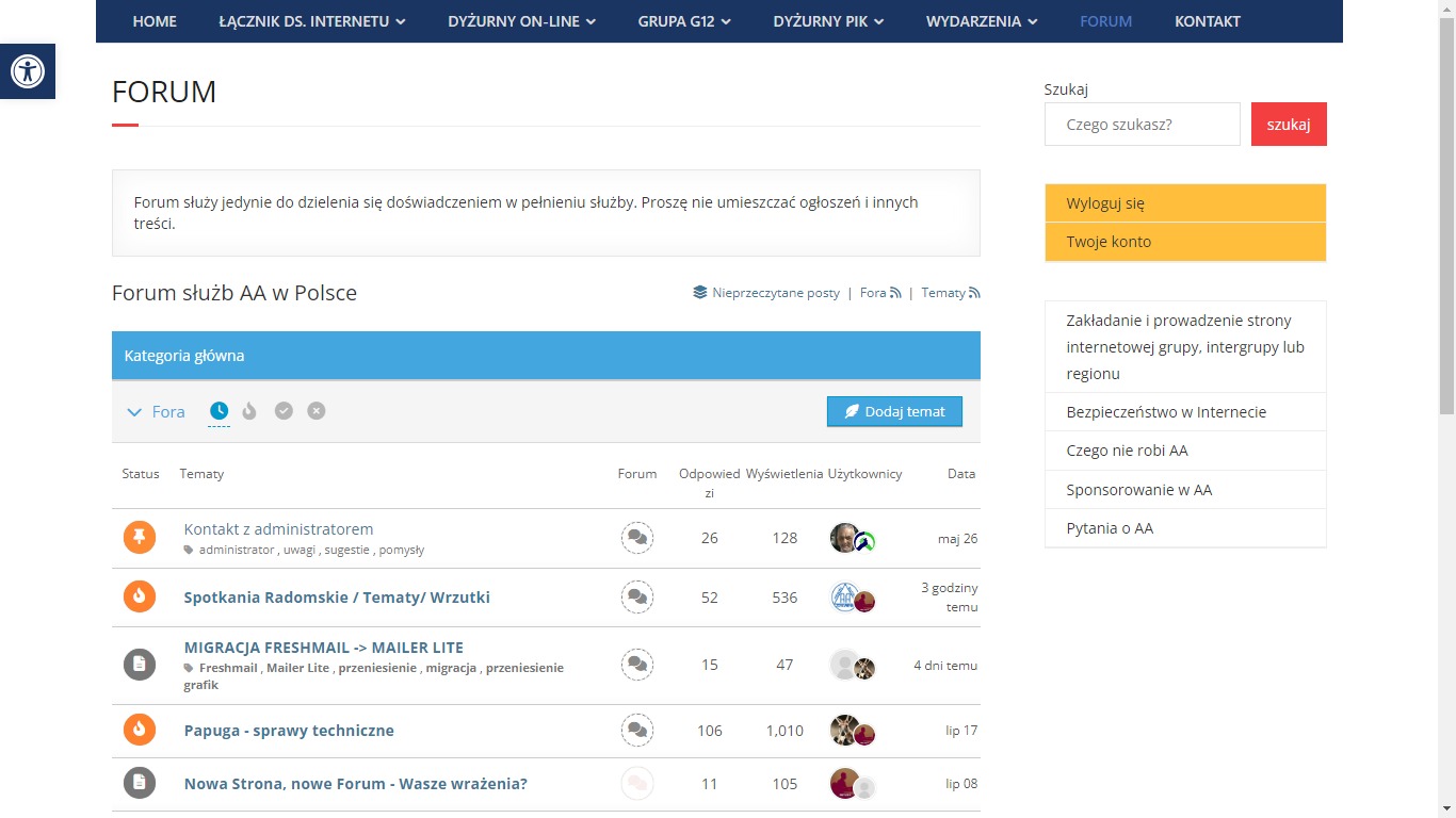 Widok strony forum internetowego z listą tematów, filtrowaniem kategorii, polem wyszukiwania i przyciskami logowania/rejestracji