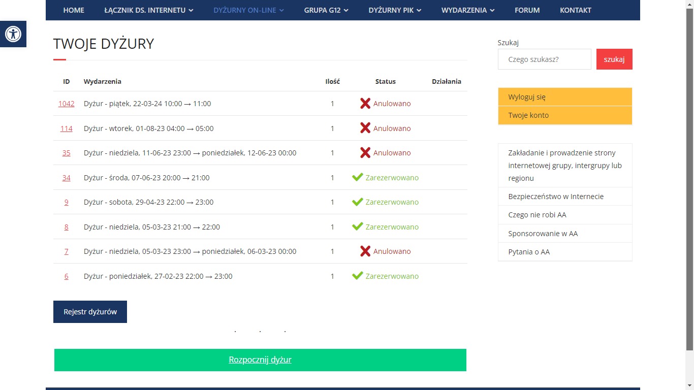 Panel użytkownika strony internetowej z listą dyżurów, ich statusami (anulowane, zarezerwowane) oraz opcjami rejestracji i rozpoczęcia dyżuru.