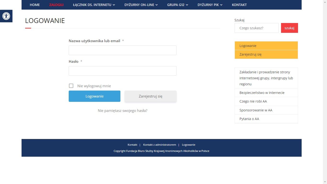 Formularz logowania na stronie internetowej z polami na nazwę użytkownika lub email oraz hasło, przyciskami 'Logowanie' i 'Zarejestruj się', oraz linkiem 'Nie pamiętasz swojego hasła?'