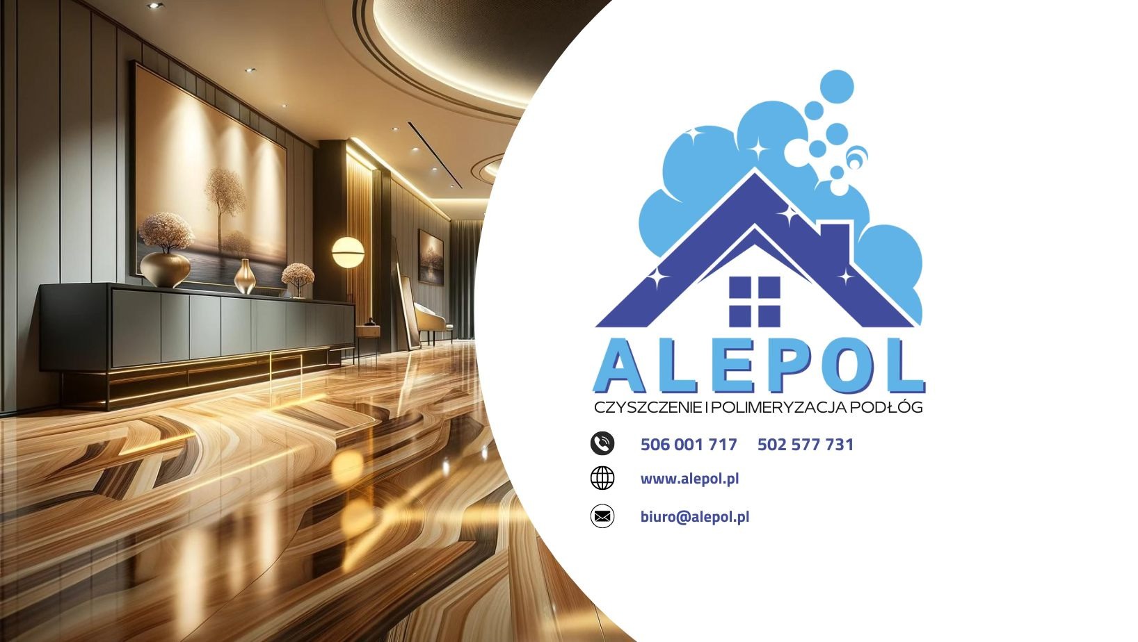 Eleganckie wnętrze biura z wypolerowaną podłogą z widocznym logo firmy czyszczącej Alepol.