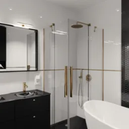 Wnętrze nowoczesnej łazienki z czarno-białą kolorystyką, złotymi akcentami, kabiną prysznicową ze szklanymi drzwiami, wolnostojącą wanną, umywalką z szafką i lustrem z oświetleniem.