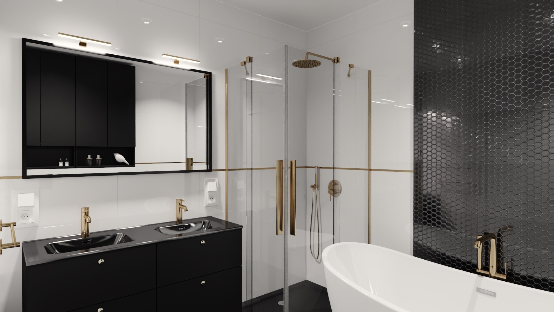 Wnętrze nowoczesnej łazienki z czarno-białą kolorystyką, złotymi akcentami, kabiną prysznicową ze szklanymi drzwiami, wolnostojącą wanną, umywalką z szafką i lustrem z oświetleniem.