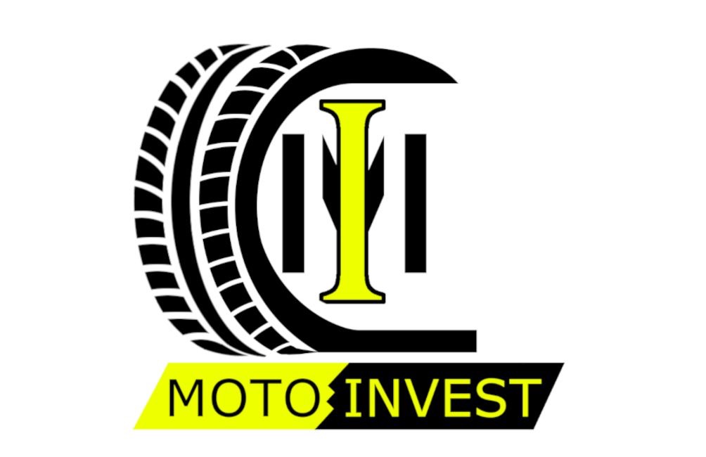 Graficzne logo Moto Invest w kolorach czerni i żółci, z elementami opony i stylizowanymi literami 'M' i 'I'.