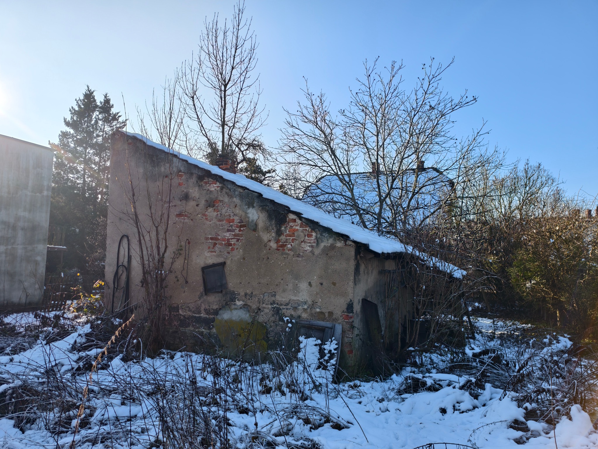Zrujnowany, częściowo otynkowany budynek z ceglanymi elementami, pokryty śniegiem, otoczony zimową roślinnością i śniegiem, w słoneczny dzień.