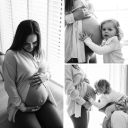 Studio Fotograficzne BARTŁOMIEJ SUCHANEK - Czarno-biały kolaż: kobieta w ciąży siedzi na podłodze, obejmując brzuch; mała dziewczynka dotyka brzucha mamy, stojąc obok niej i siedząc na ramionach taty.