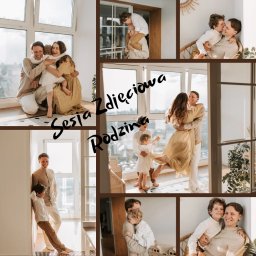 Studio Fotograficzne BARTŁOMIEJ SUCHANEK - Kolaż z sesji rodzinnej: uśmiechnięci rodzice z dziećmi w jasnych wnętrzach, naturalne światło, ciepłe barwy, radosna atmosfera, różne ujęcia i kadry.