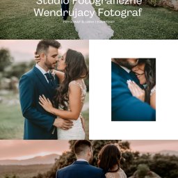 Studio Fotograficzne BARTŁOMIEJ SUCHANEK - Kolaż ślubny: para młoda idąca przez łąkę, zbliżenie na parę tulącą się, widok na parę z tyłu na tle zachodzącego słońca. Romantyczna atmosfera i naturalne światło.