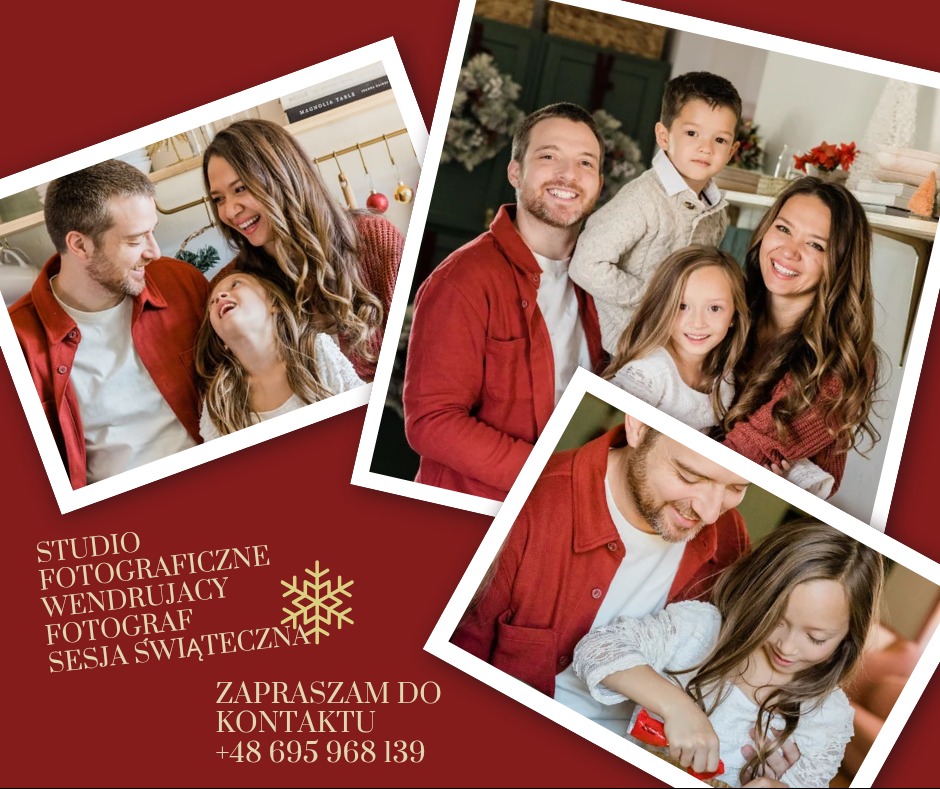 Kolaż z sesji świątecznej: uśmiechnięta rodzina w czerwonych ubraniach, dekoracje świąteczne w tle, kontakt do studia fotograficznego i złota śnieżynka.