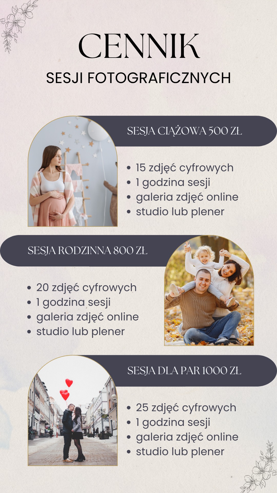 Cennik sesji fotograficznych: ciążowa, rodzinna i dla par. Oferta obejmuje zdjęcia cyfrowe, sesję 1h, galerię online i studio/plener. Estetyczny, beżowy design.
