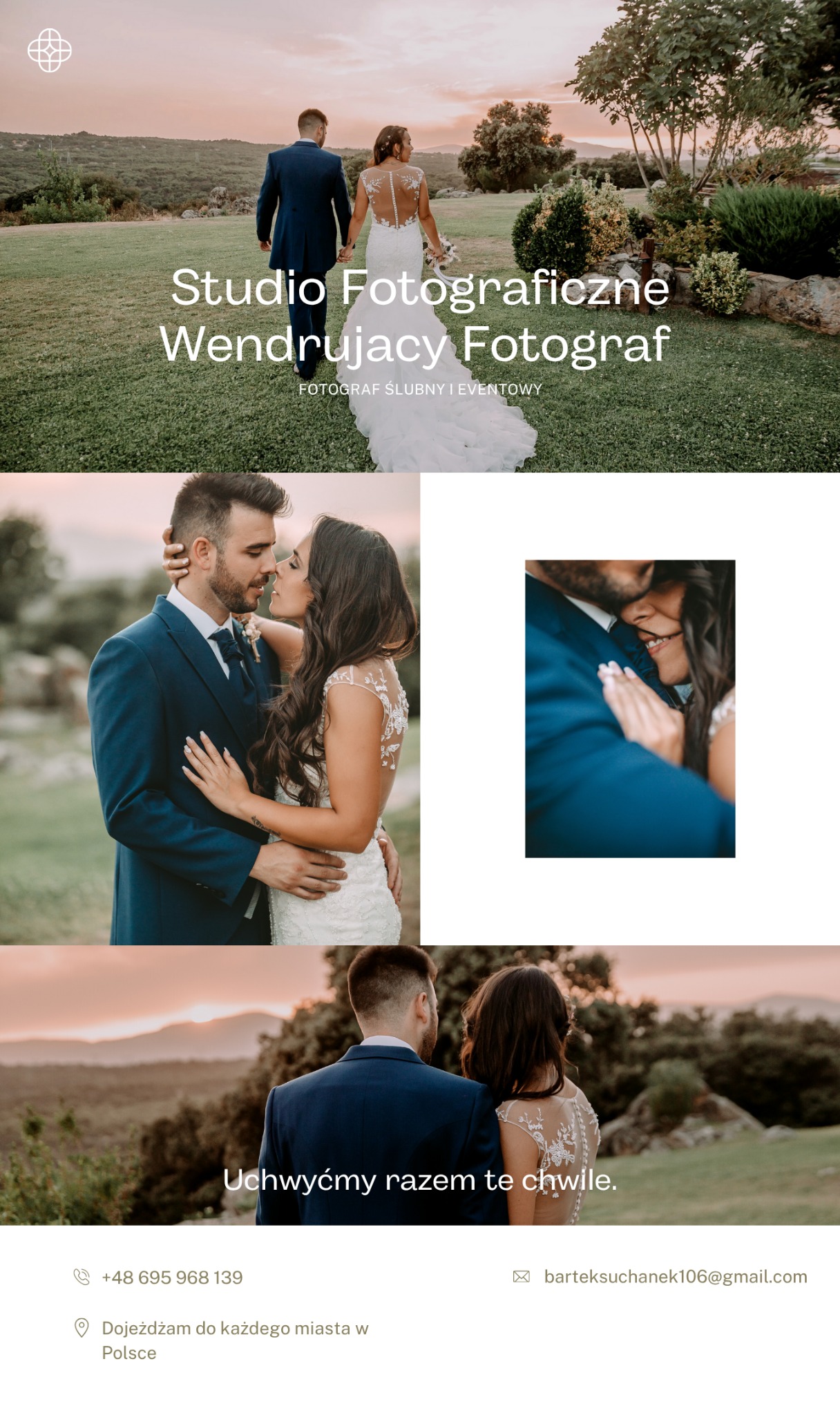 Kolaż ślubny: para młoda idąca przez łąkę, zbliżenie na parę tulącą się, widok na parę z tyłu na tle zachodzącego słońca. Romantyczna atmosfera i naturalne światło.