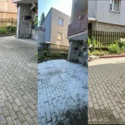 Trzyczęściowe ujęcie kostki brukowej przed, w trakcie i po myciu, z widocznymi domami w tle i fragmentami ogrodzeń.