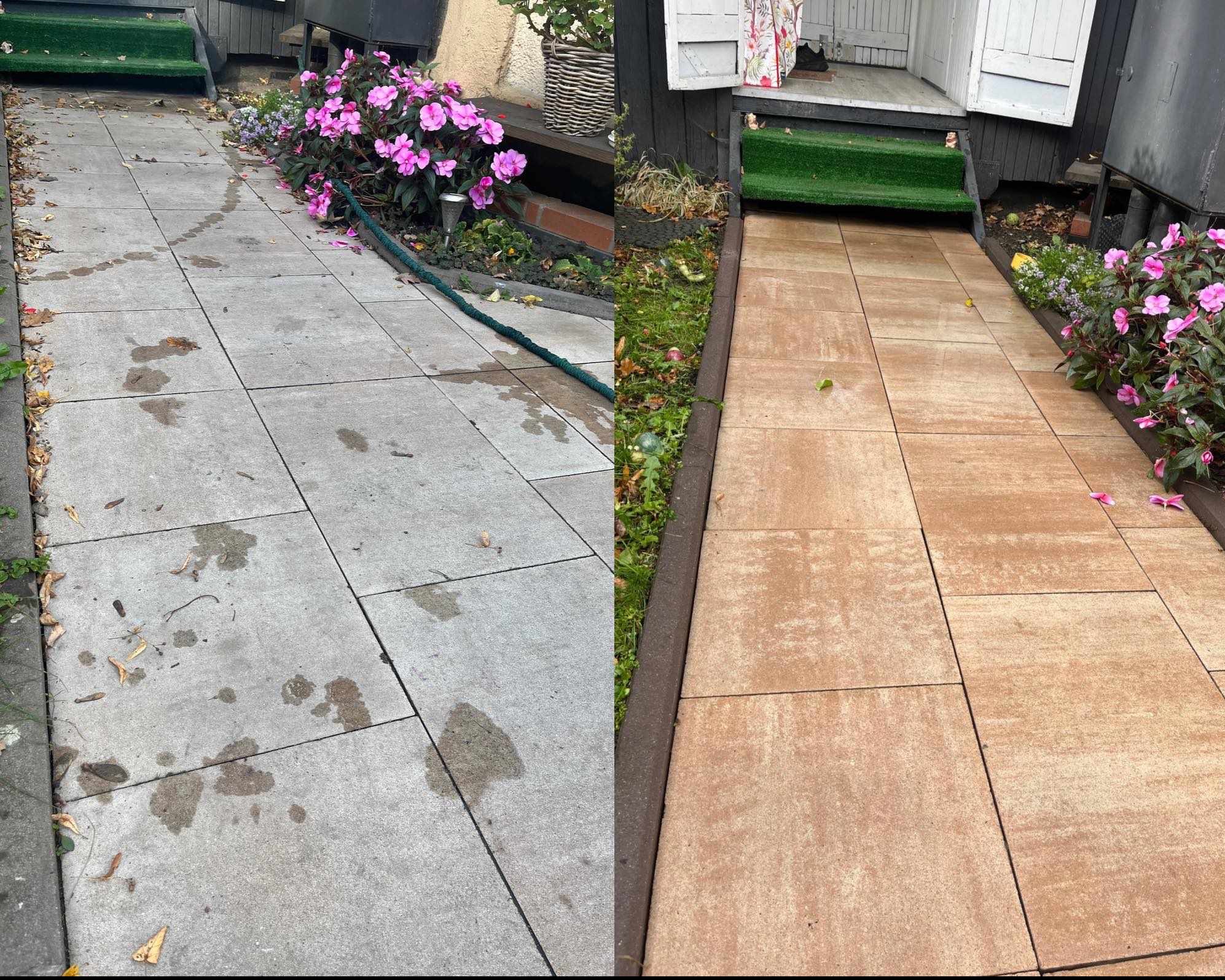 Porównanie stanu kostki brukowej przed i po czyszczeniu: po lewej stronie brudna, szara kostka z plamami i liśćmi, po prawej czysta, brązowa kostka z delikatnym wzorem. W tle widoczne kwiaty...