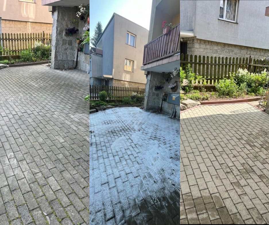 Trzyczęściowe ujęcie kostki brukowej przed, w trakcie i po myciu, z widocznymi domami w tle i fragmentami ogrodzeń.