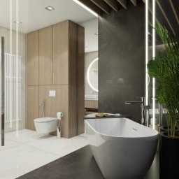 AG Design & Estate - Nowoczesna łazienka z wolnostojącą białą wanną, drewnianymi szafkami, toaletą, umywalką i dekoracyjnymi roślinami w czarnych donicach, oświetlona ledowymi lampami.