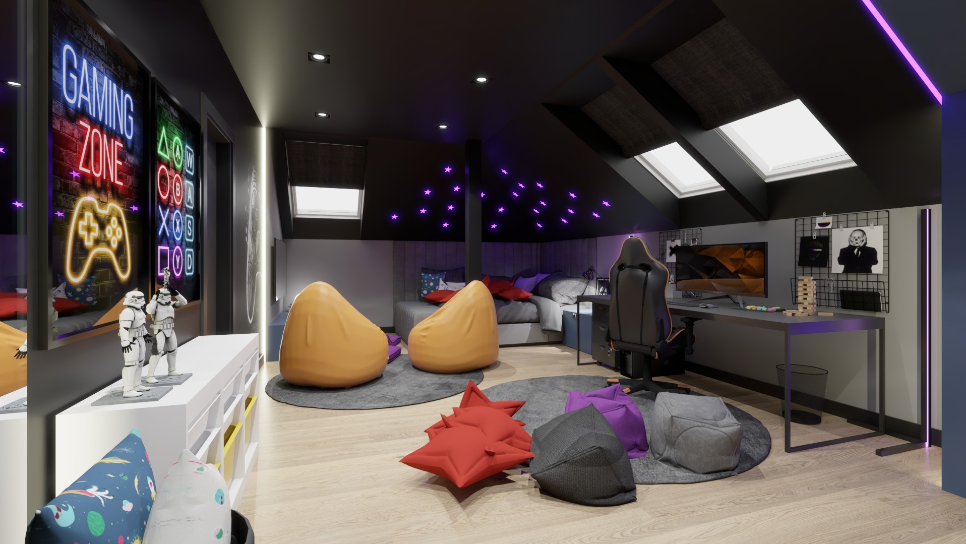 Pokój młodzieżowy na poddaszu z akcentami gamingowymi: neonowy napis 'Gaming Zone', figurki szturmowców, biurko z komputerem i ergonomiczne krzesło, pufy w kształcie worków i gwiazd, oraz łóżko...
