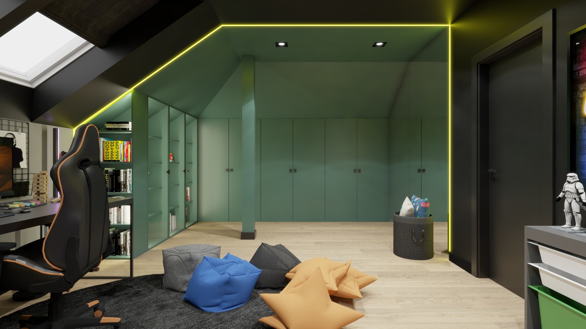 Pokój na poddaszu z zielonymi szafami w zabudowie, oświetleniem LED, biurkiem gamingowym i workami sako na dywanie.