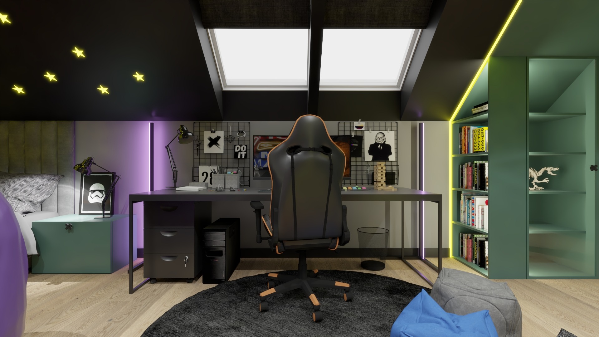 Pokój młodzieżowy na poddaszu z biurkiem, fotelem gamingowym, łóżkiem i regałem na książki, oświetlony neonami w kolorach fioletowym i żółtym.