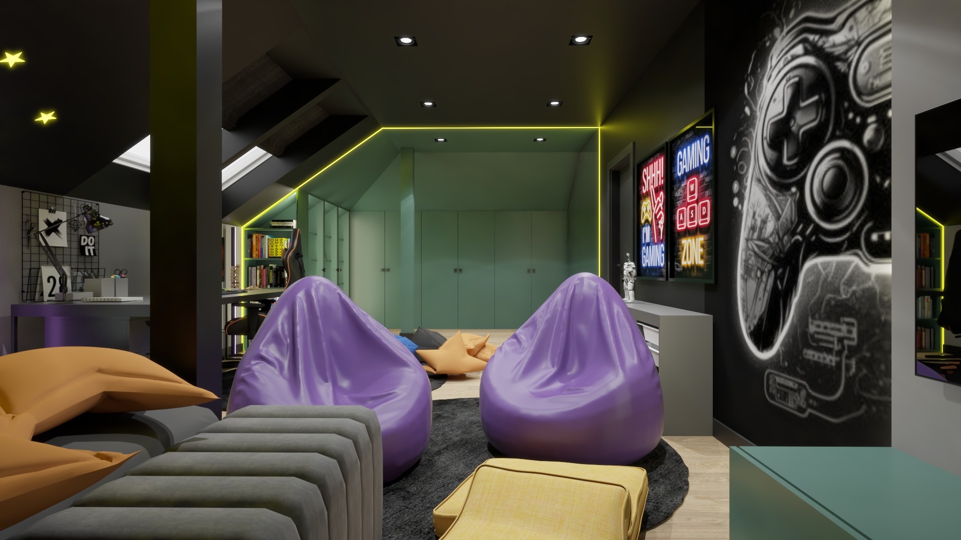 Pokój gracza na poddaszu z fioletowymi pufami, neonowymi akcentami, ścianą z motywem kontrolera i biurkiem z akcesoriami.