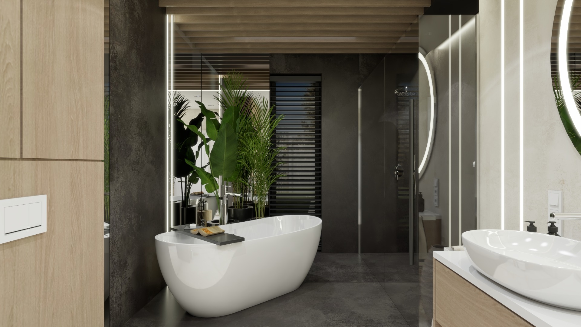 Nowoczesna łazienka z wolnostojącą białą wanną, roślinami w czarnych donicach, szarą ścianą i drewnianymi elementami wykończeniowymi, oświetlona pionowymi lampami LED.