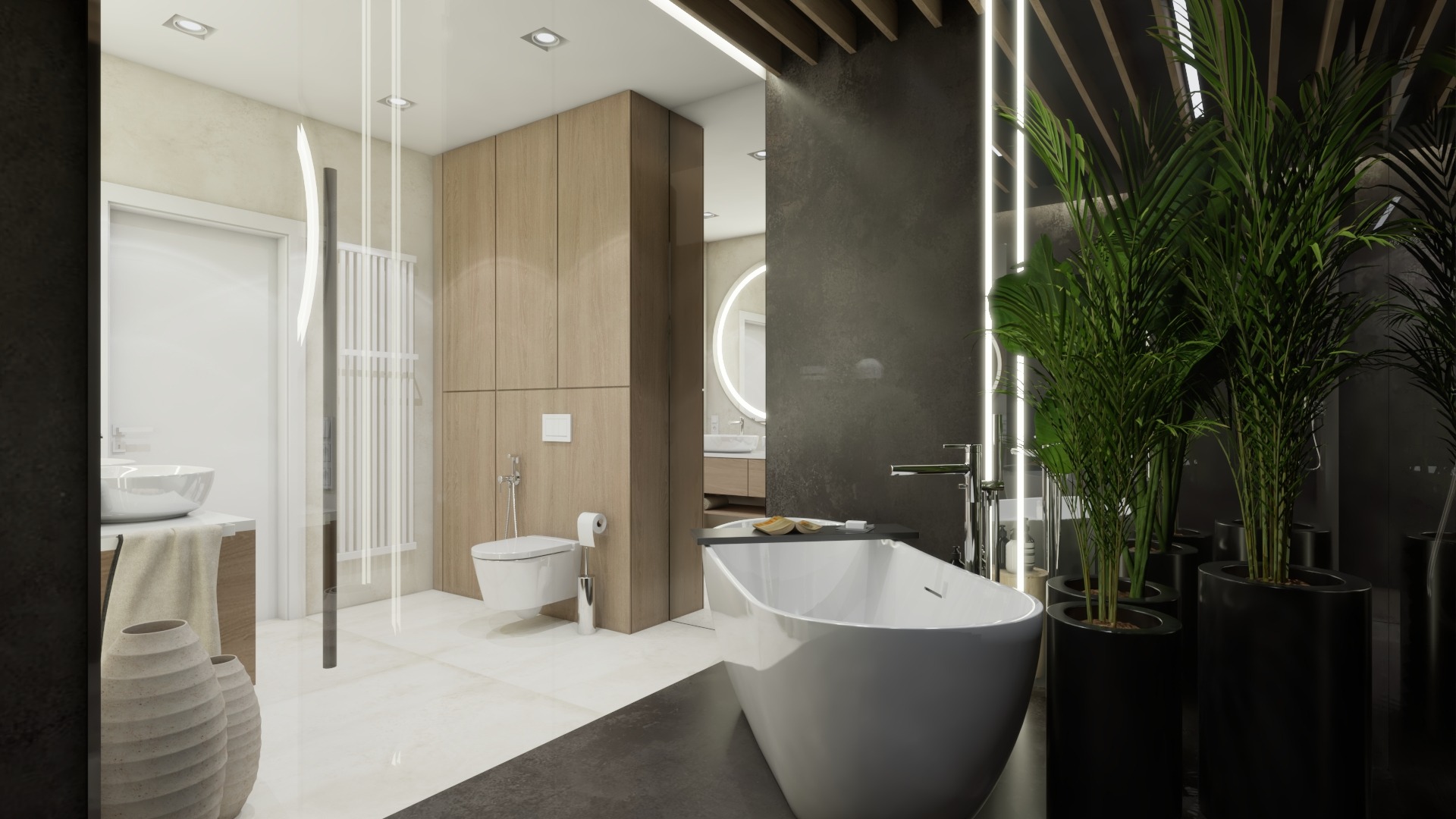 Nowoczesna łazienka z wolnostojącą białą wanną, drewnianymi szafkami, toaletą, umywalką i dekoracyjnymi roślinami w czarnych donicach, oświetlona ledowymi lampami.