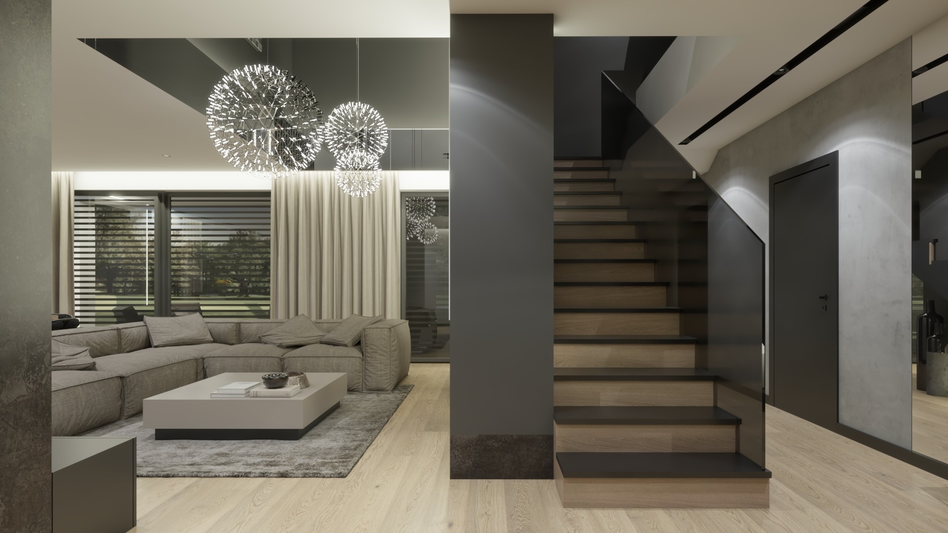 Nowoczesne wnętrze domu z szarym narożnikiem, drewnianymi schodami z czarną balustradą i kulistymi lampami wiszącymi, widok na ogród przez okno z żaluzjami.