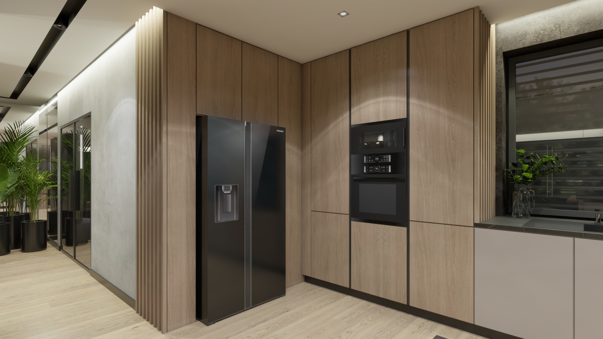 Nowoczesna kuchnia z drewnianymi frontami szafek, czarnym sprzętem AGD (lodówka side-by-side i piekarnik wielofunkcyjny) oraz roślinami w szklanych wazonach na parapecie okiennym.