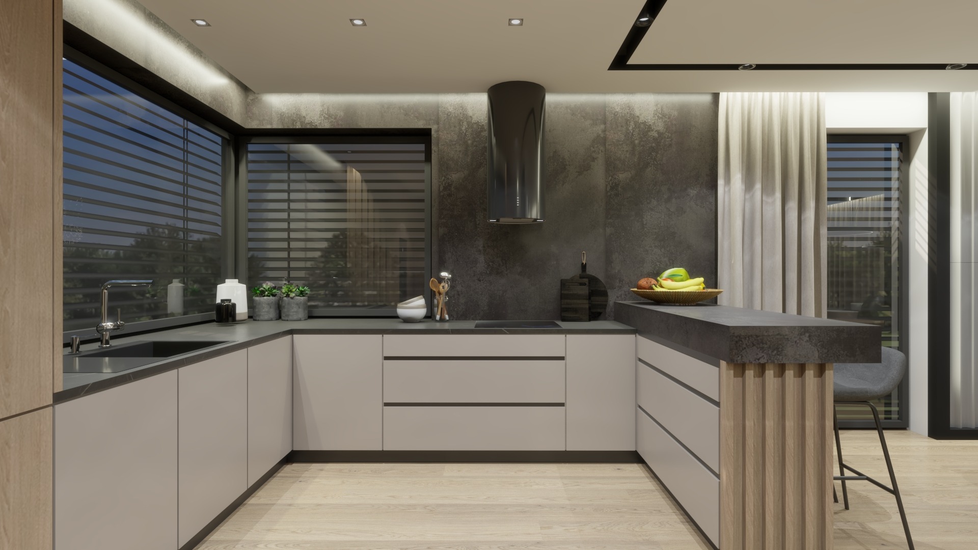 Nowoczesna kuchnia z szarymi frontami szafek, drewnianymi akcentami, dużym oknem z żaluzjami i wyspą z owocami w koszyku.